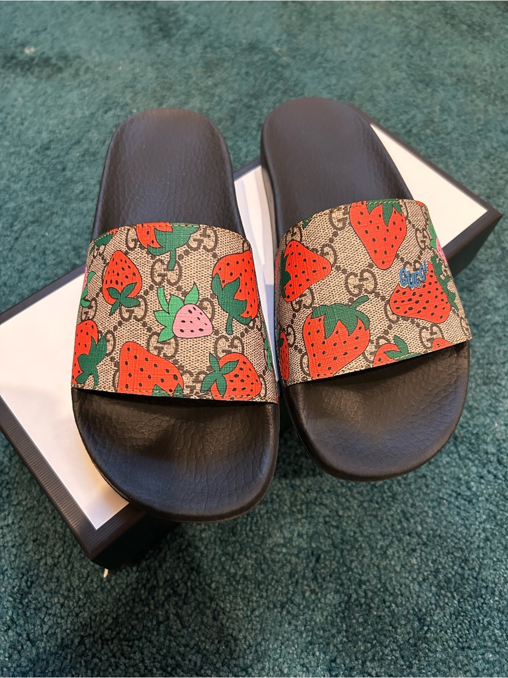 Gucci Black Slide Sandals with Red & Green Strawberry Print